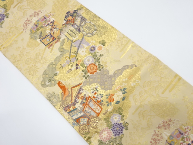 雲取りに御所車・草花模様織出し袋帯